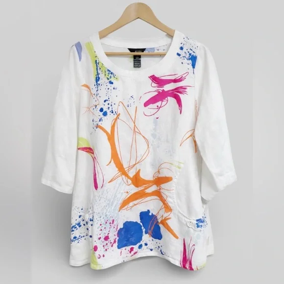 Ali Miles 100% Linen Abstract Art Print Blouse Colorful Lightweight Top 1X NWT - Picture 7 of 8